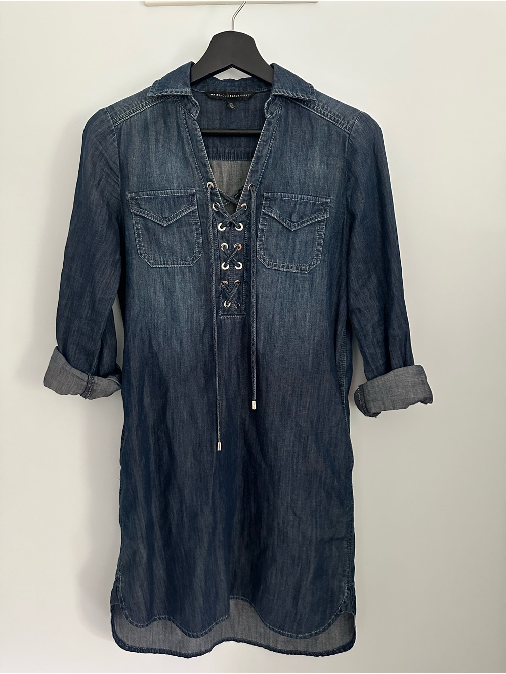 White House Black Market Denim Lace-Up Shirt Dress Size 00